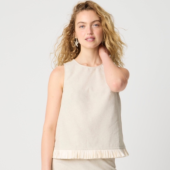 New J.CREW Size S Straw-Trim Linen-Blend Shell Shirt in Yarn Dye Flax $98 CK747 - Picture 1 of 5